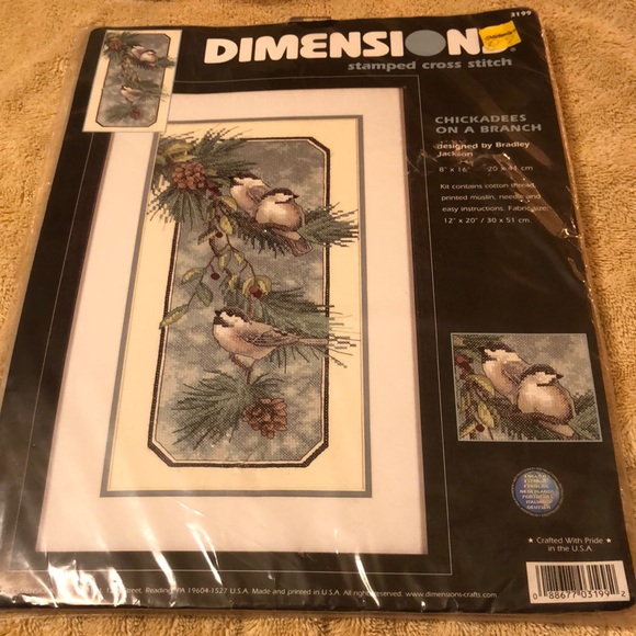 DIMENSIONS~#3199 CHICKADEES ON A BRANCH 8" X 16" STAMPED CROSS STITCH KIT~NIP - Picture 1 of 6